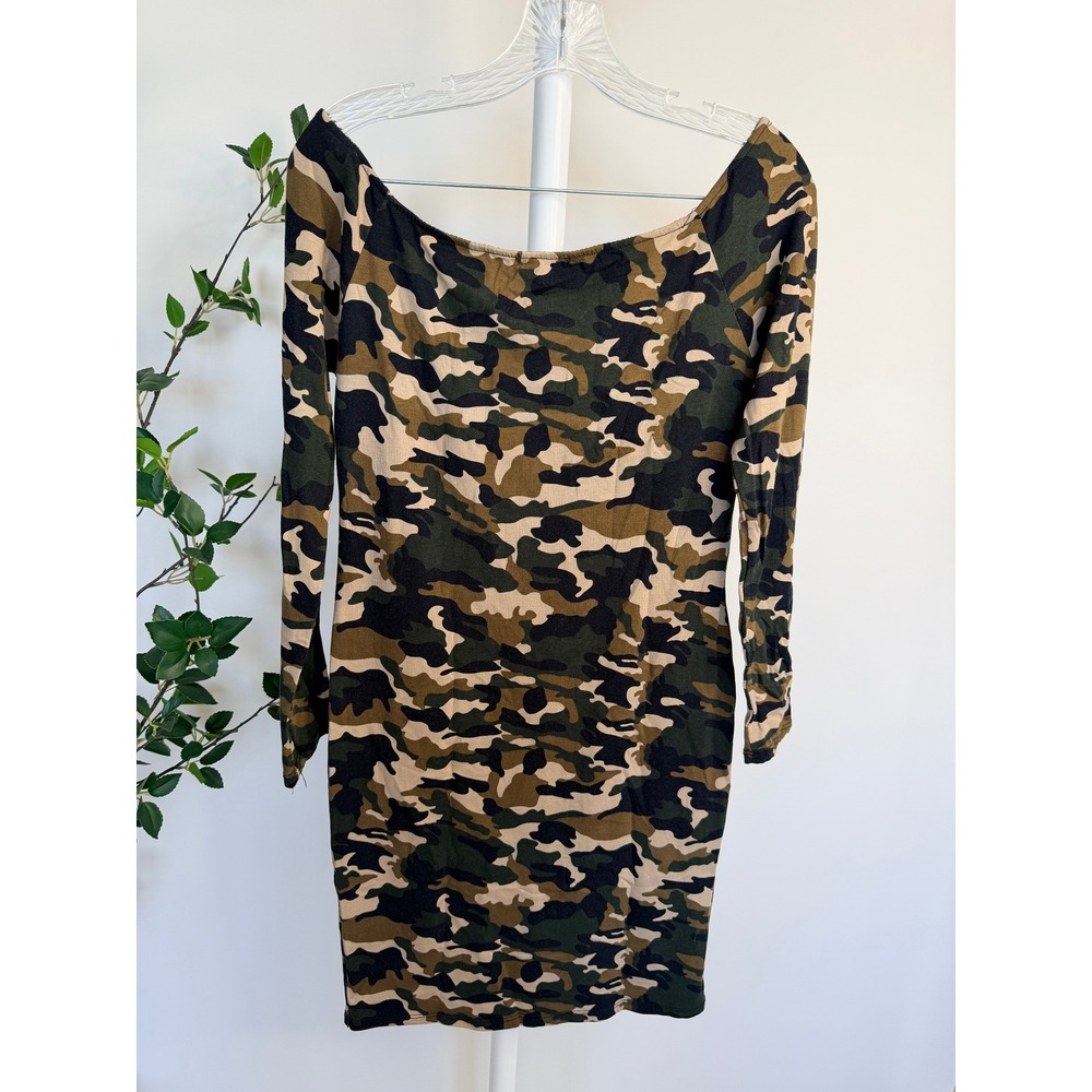 Fashion Nova Womens Camo Long Sleeve Mini Dress Green Brown JD19735LP Size L - Picture 2 of 7